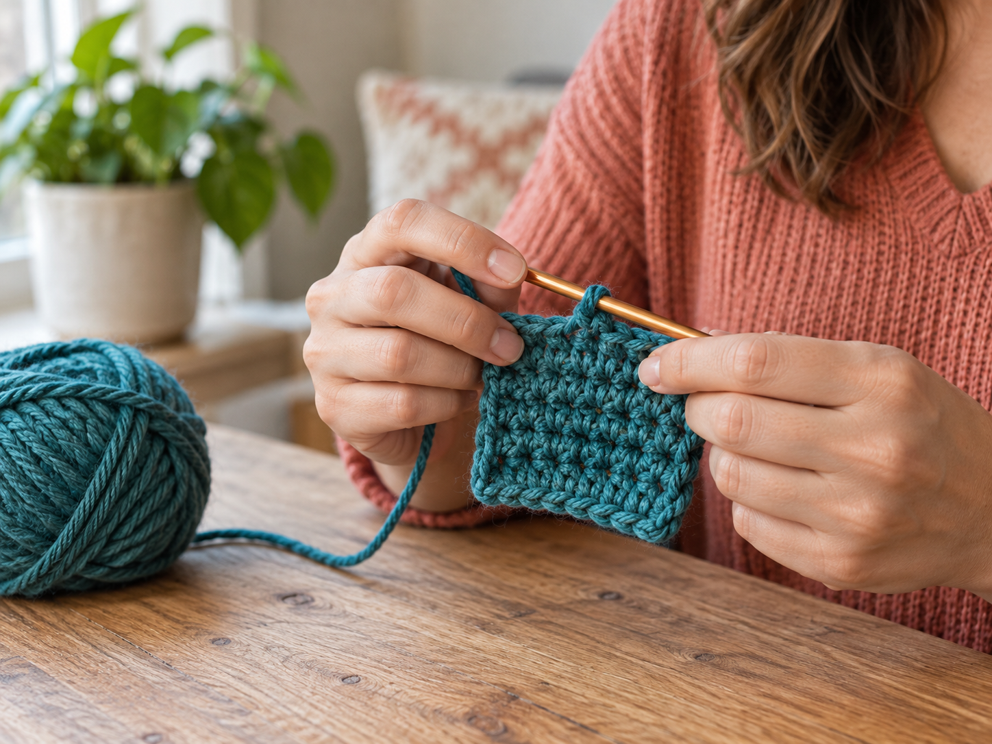 Illustrative image of hands crocheting a teal square with a hook and yarn