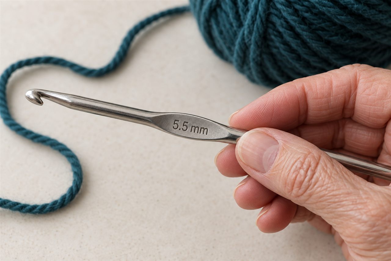 Illustrative close-up of a crochet hook with 5.5 mm marked on its flat grip