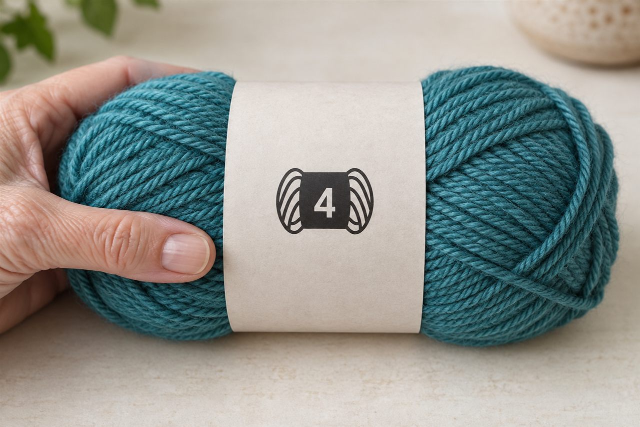Illustrative close-up of a yarn label showing a yarn-ball symbol with the number 4